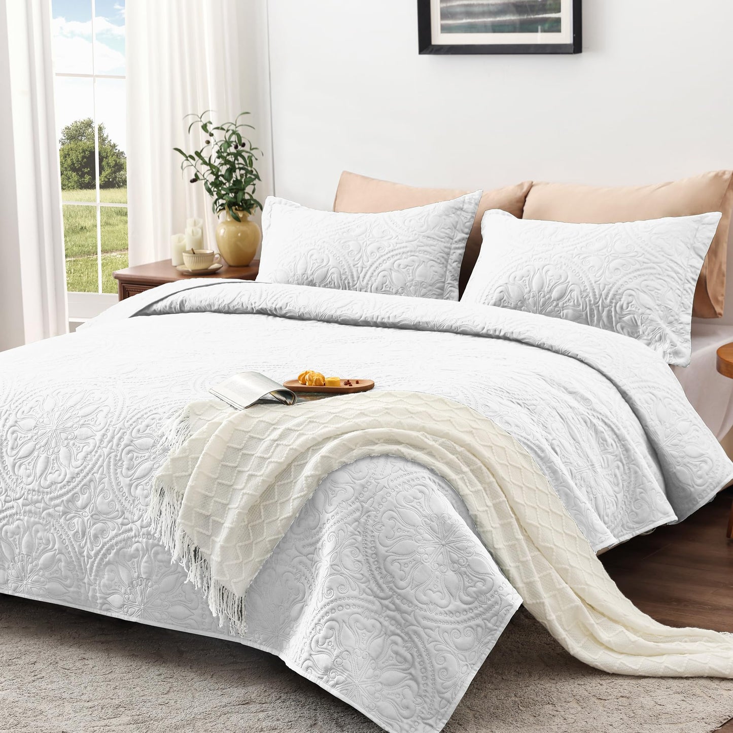 EXQ Home Quilt Set Full Queen Size Beige 3 Piece,Lightweight Soft Coverlet Modern Style Leaf Pattern Bedspread Set(1 Quilt,2 Pillow Shams)