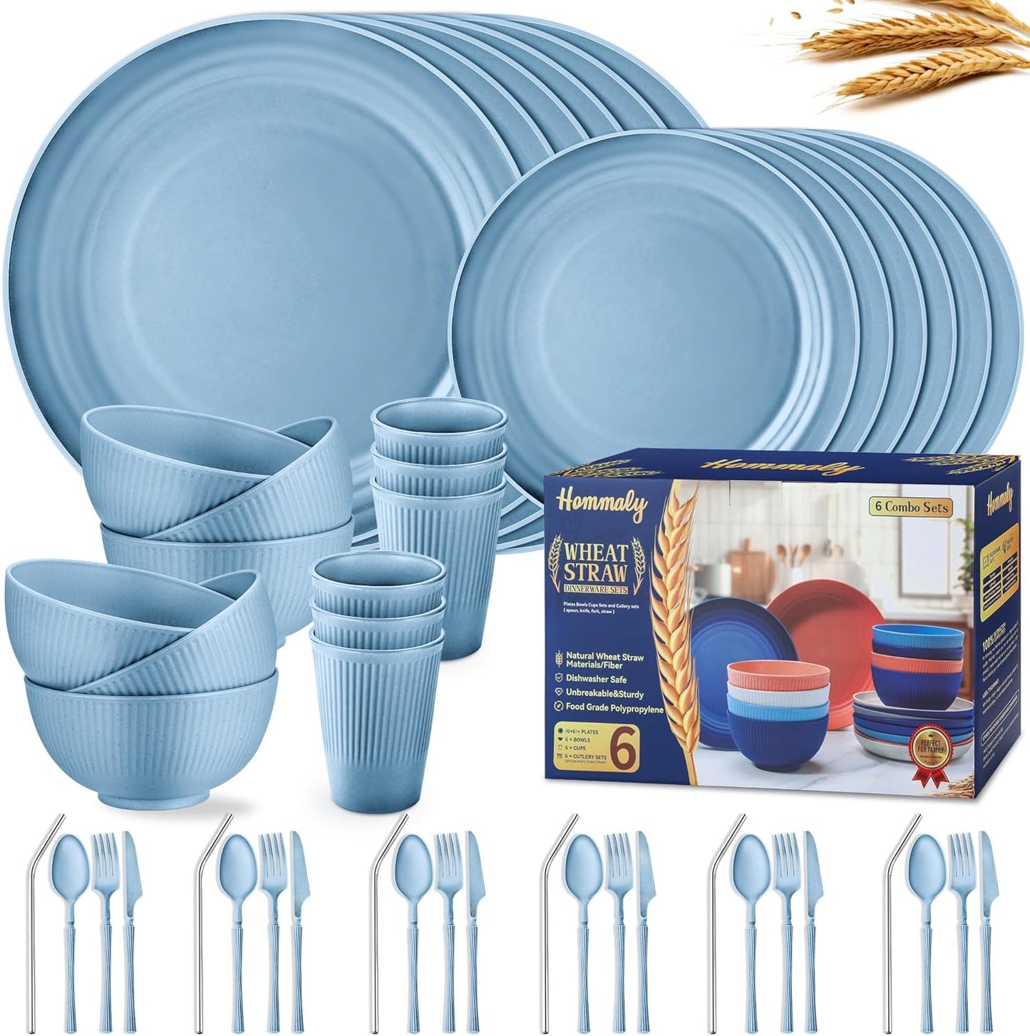 Wheat Straw Dinnerware Sets,48-Piece Plates and Bowls Sets for 6-Unbreakable,Reusable Plastic Dish Set-Dinner Plate/Dessert Plate/Cereal Bowl/Cup/Utensils-Microwavable Dishwasher Safe 48P-Deep Gray