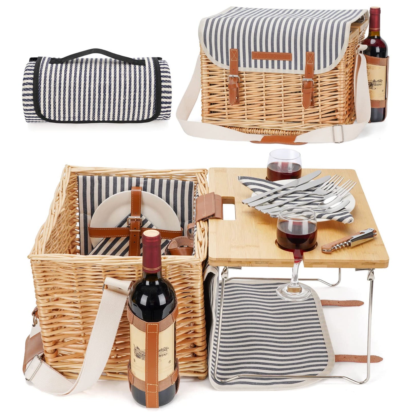 Wicker Picnic Basket for 4, 4 Person Picnic Kit, Willow Hamper Service Gift Set with Blanket Portable Bamboo Wine Snack Table for Camping and Outdoor Party