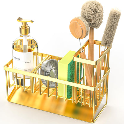 Kitchen Sink Caddy Organzier with High Brush Holder, Sponge Holder for Sink, 304 Rustproof Stainless, Kitchen Countertop Soap Dispenser Organizer, Kitchen Decor and Accessories