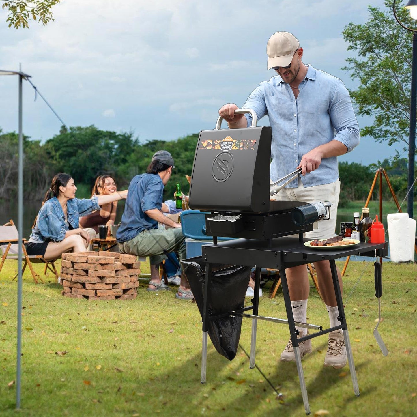 Portable Outdoor Grill Stand, Adjustable Height Folding Table Made to fit 17” or 22” Blackstone Griddle, 35"W x 17"D Kitchen Cooking Prep BBQ Stand, Pizza Oven Stand for Ninia Grill（Black）