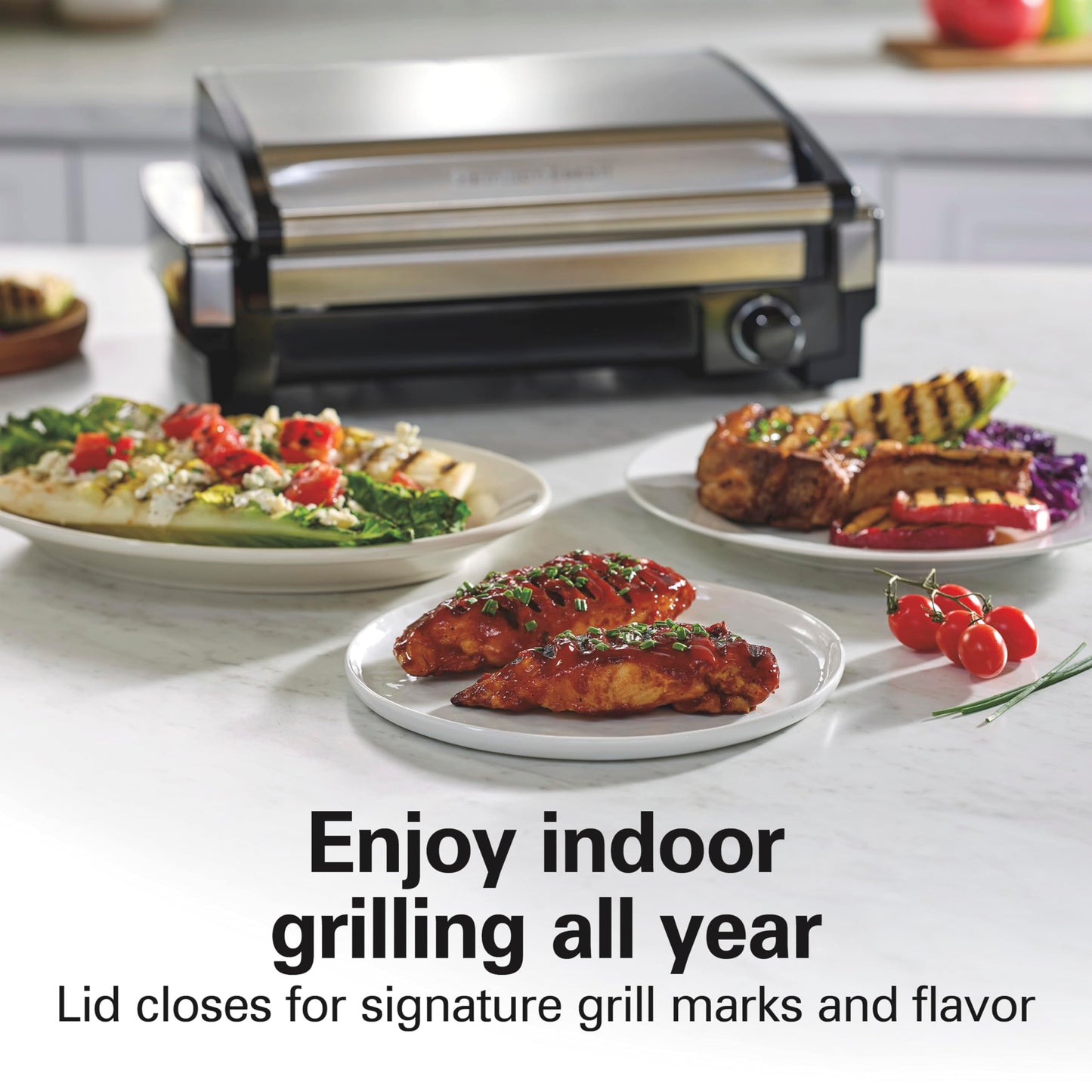Electric Indoor Searing Grill – 118 sq. in., Viewing Window, Adjustable Temp to 450°F, Stainless Steel