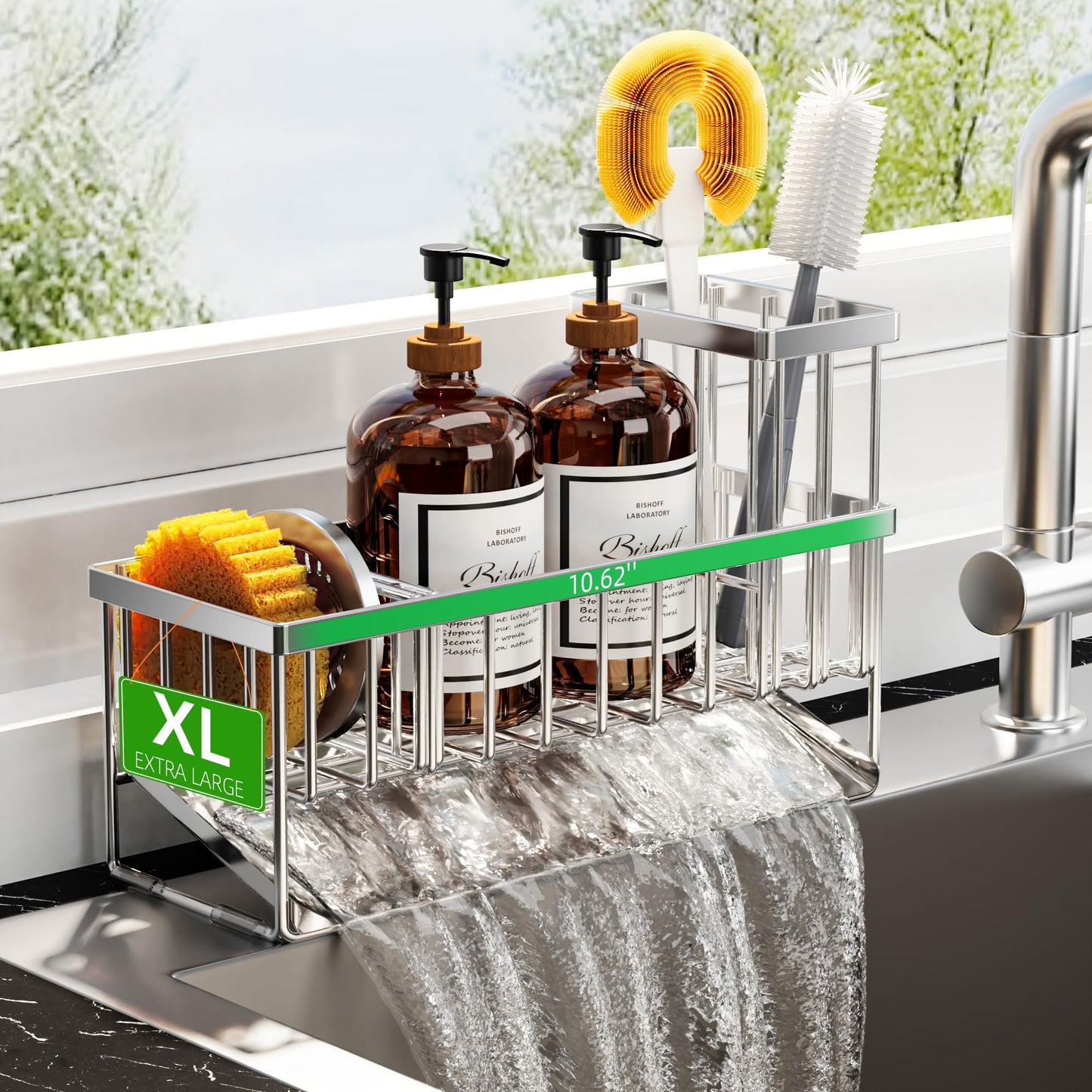 Kitchen Sink Caddy Organzier with High Brush Holder, Sponge Holder for Sink, 304 Rustproof Stainless, Kitchen Countertop Soap Dispenser Organizer, Kitchen Decor and Accessories