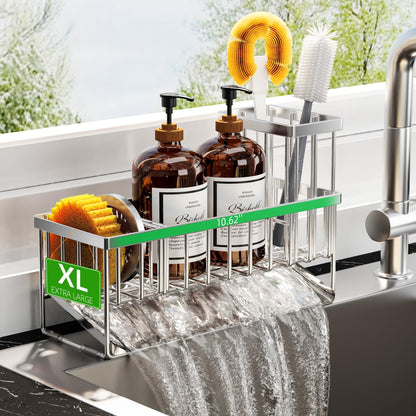 Kitchen Sink Caddy Organzier with High Brush Holder, Sponge Holder for Sink, 304 Rustproof Stainless, Kitchen Countertop Soap Dispenser Organizer, Kitchen Decor and Accessories