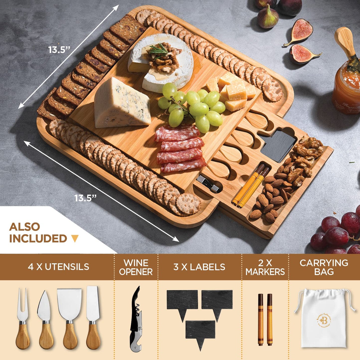 Charcuterie Board Gift Set - Bamboo Cheese Board and Knife Set