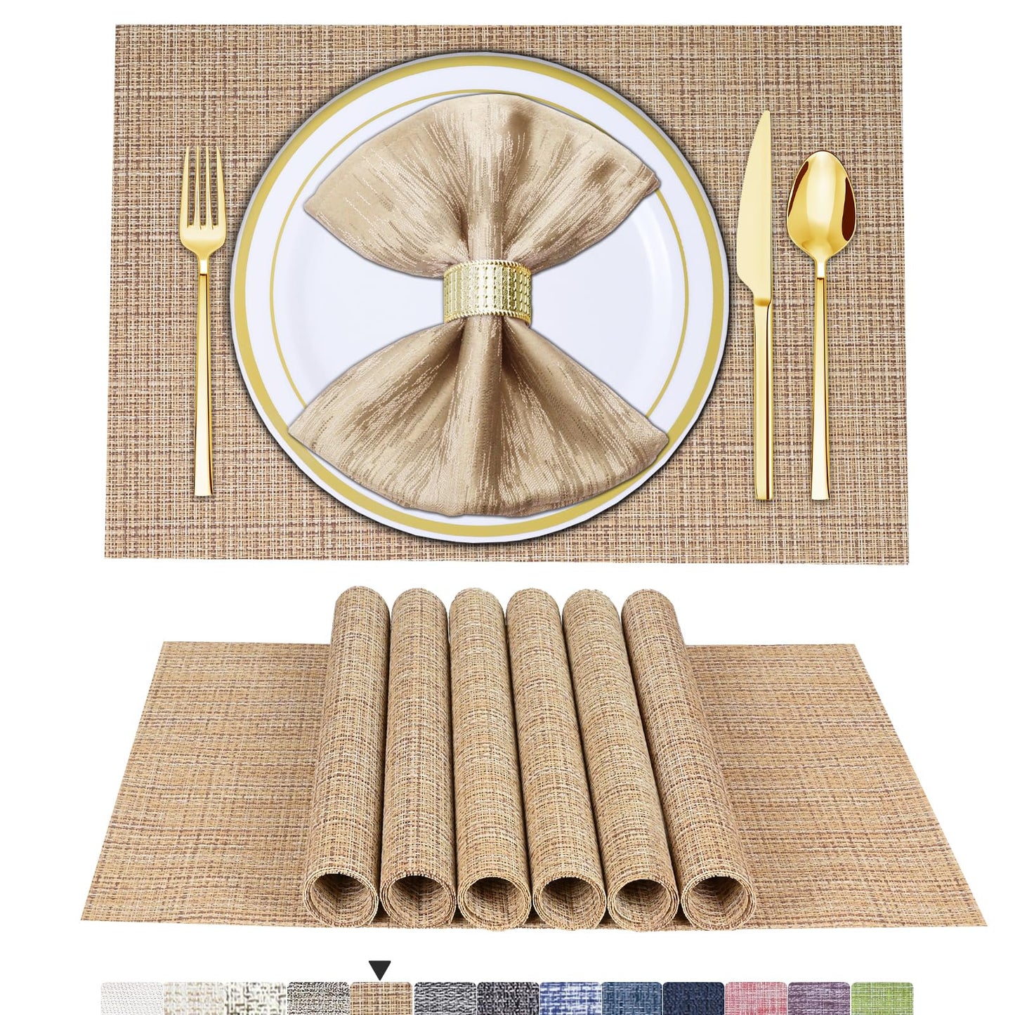 Placemats Set of 6 Woven Vinyl Placemat for Dining Table Washable Wipeable Kitchen Place Mats Durable Indoor Outdoor Table Mats 01 Beige, 6 Pcs