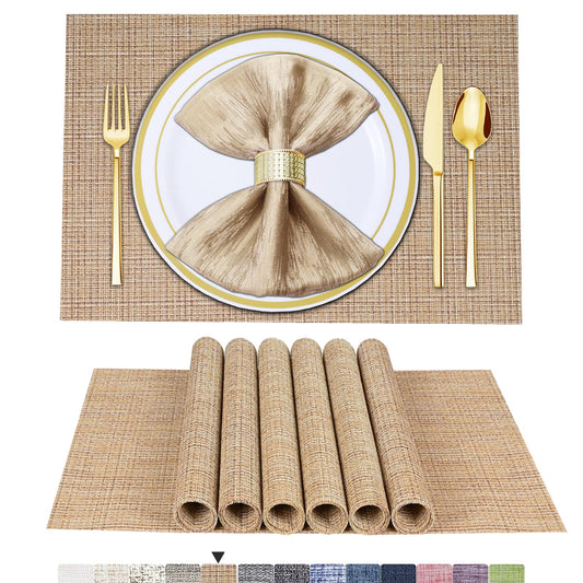 Lot de 6 sets de table en vinyle tissé pour table à manger, lavables et lavables, sets de table de cuisine durables pour intérieur et extérieur, 01 beige, 6 pièces 