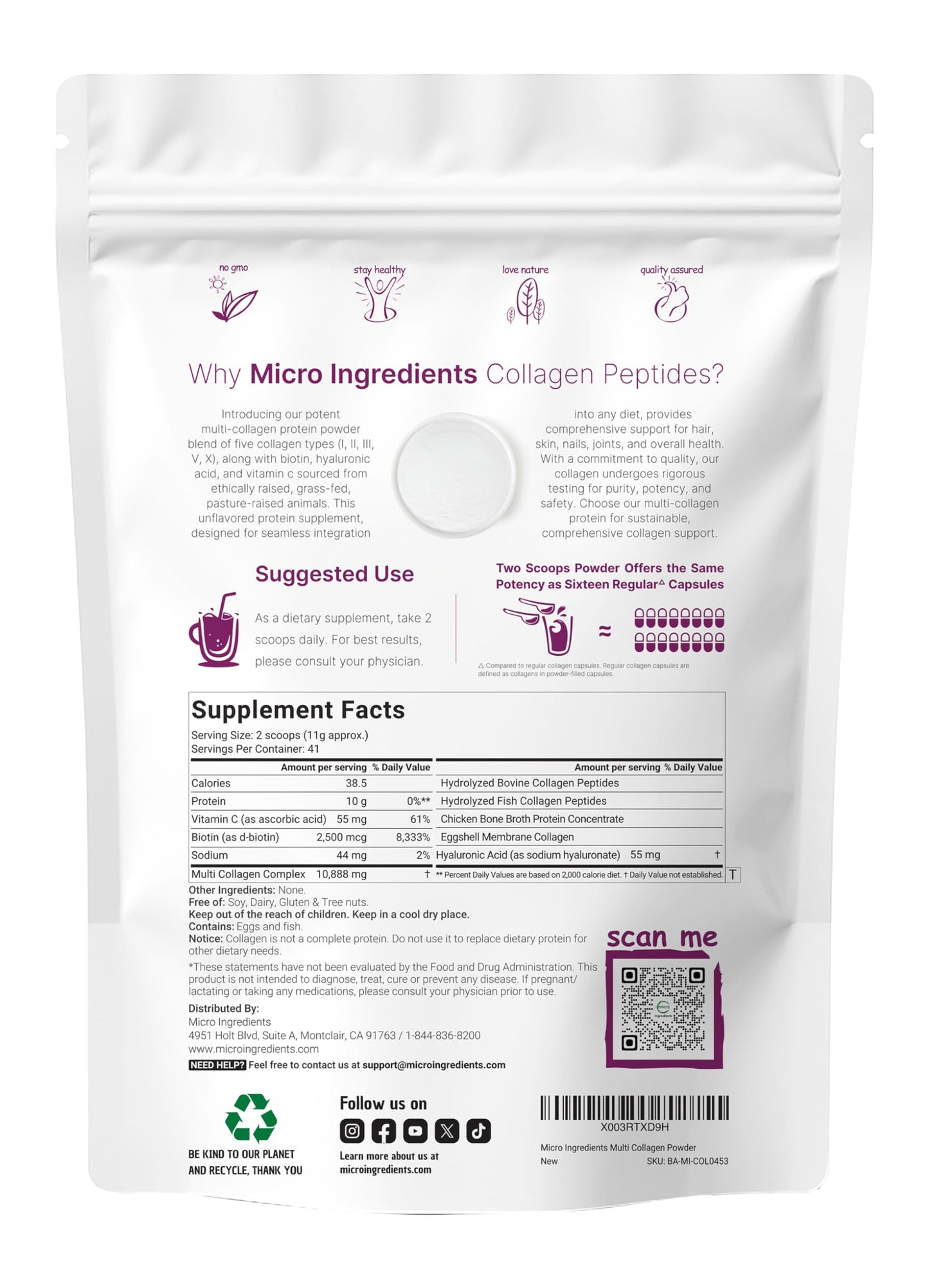 Multi Collagen Protein Powder, 2lbs – Hydrolyzed Collagen Peptides | Type I,II,III,V,X with Biotin 10000mcg, Hyaluronic Acid, Vitamin C – Unflavored – Keto & Paleo Friendly, Easy Dissolve, Non-GMO