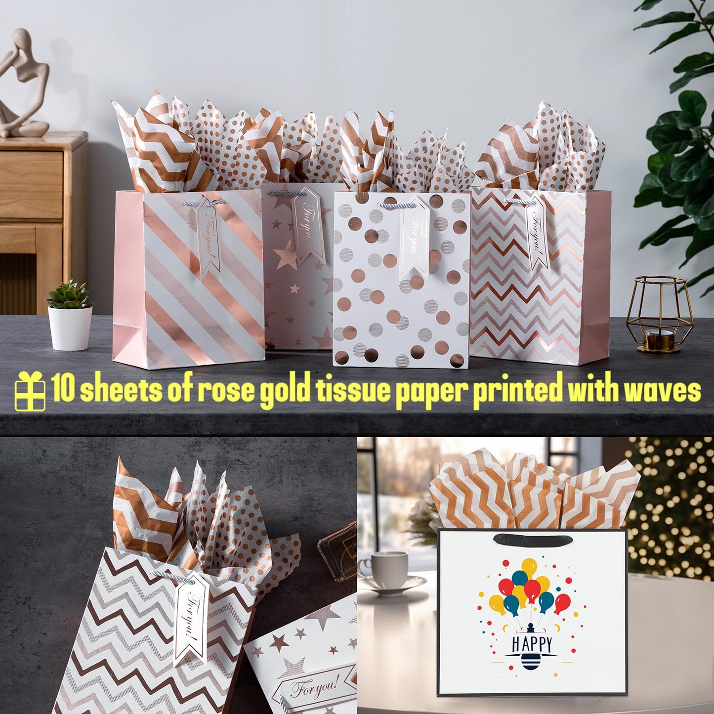 Lot de 6 grands sacs cadeaux noirs Offizon de 12,6 pouces avec papier de soie 