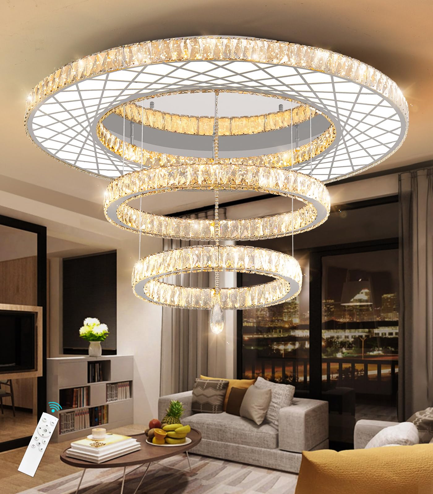 Modern Flush Ceiling Chandelier Bedroom Light Fixtures Crystal Flat Sloping Ceiling Lights for Hallway Kitchen Dining Room Dimmable Light with Remote Gold