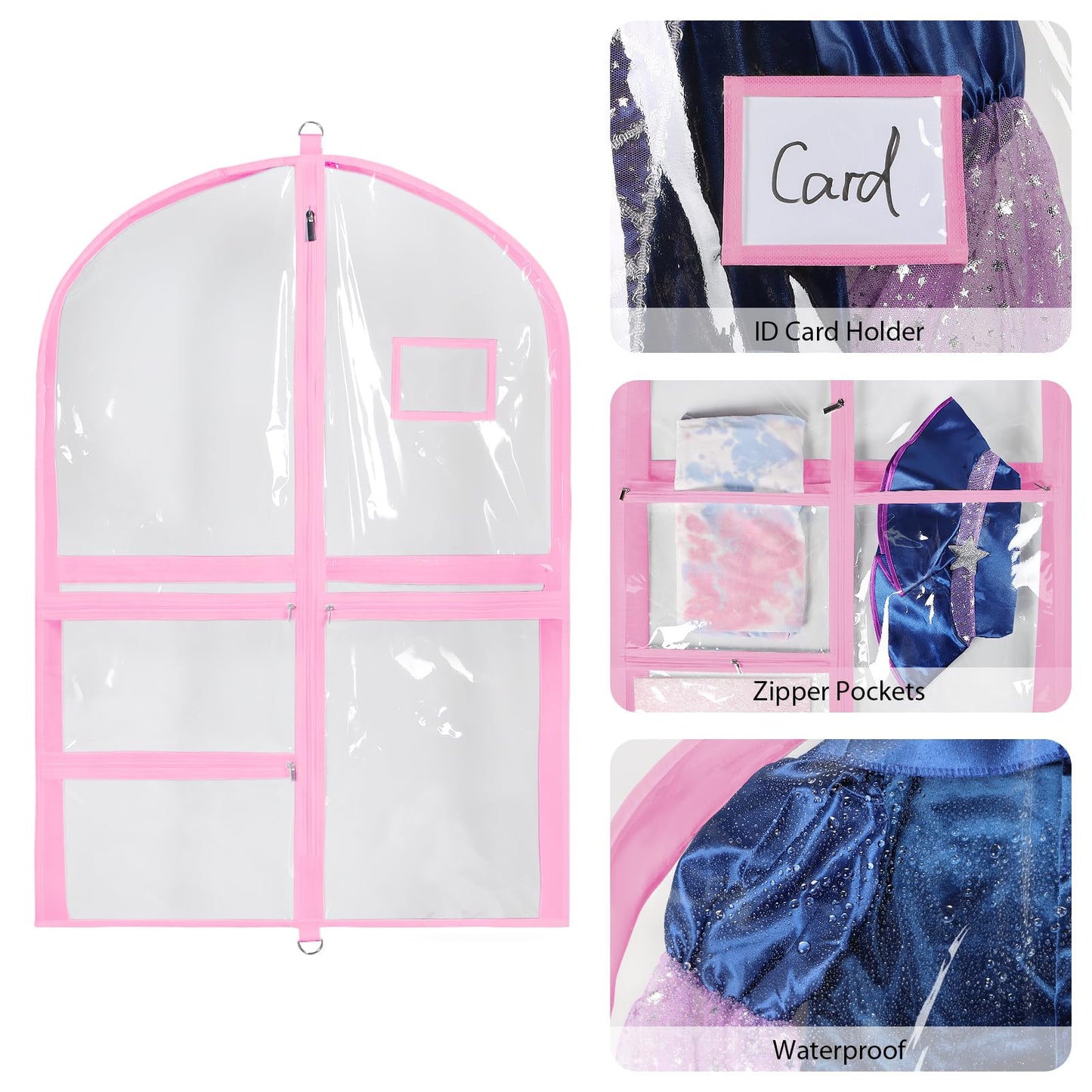 Univivi Clear PVC Dance Costume Bags (3 Pack) Garment Bag 40 Inch for Dance Competitions, with 4 Medium Clear Zipper Pockets and 1 Large Back Zippered Pocket [Upgraded Version]