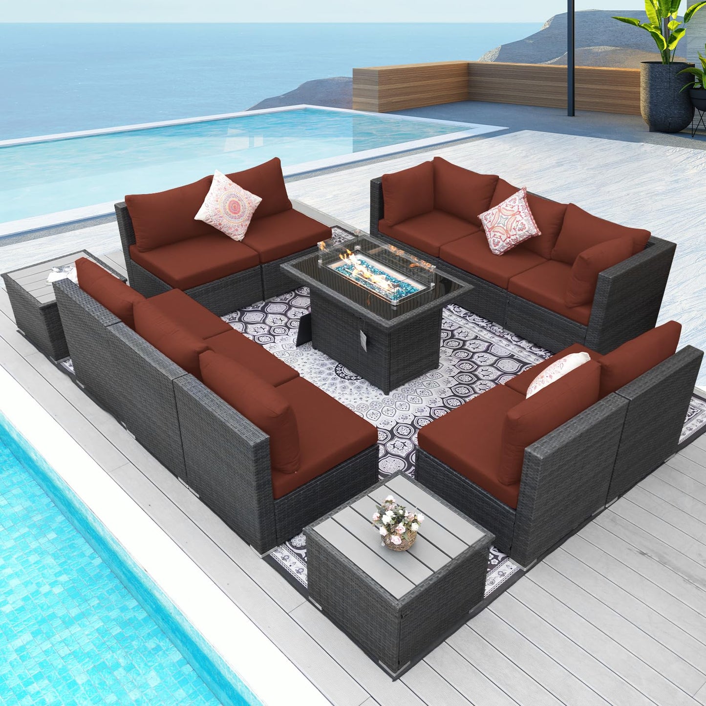 NICESOUL® 13-teiliges großes Luxus-Sofaset für die Terrasse mit Feuerstelle für Erdgas/Propan, 74 cm hohe Rückenlehne, Garten-Sitzgruppe, Gartensofa aus PE-Rattan, dunkelgrau 