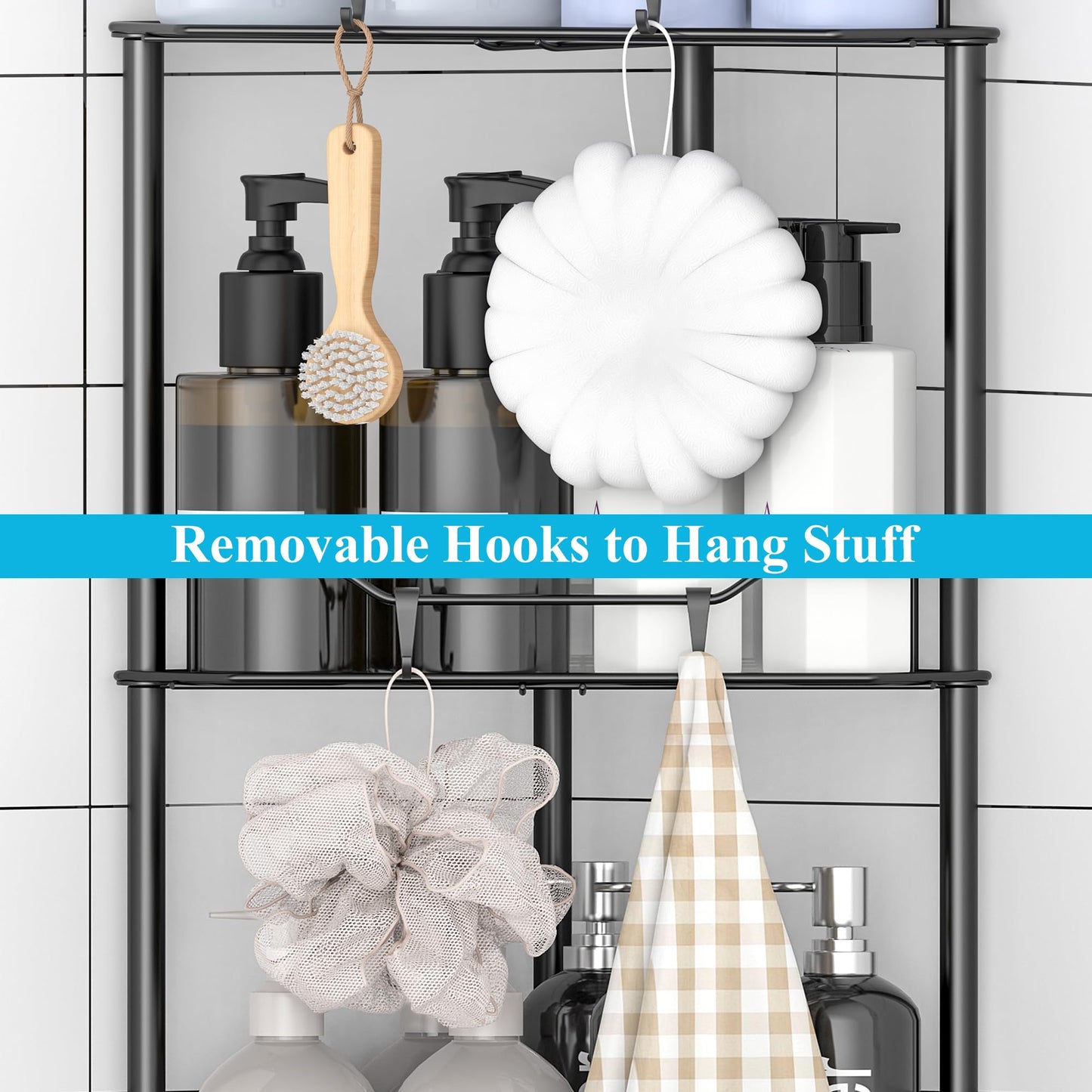 4 Tier Floor Standing Corner Shower Caddy Organizer Shelf with Hooks