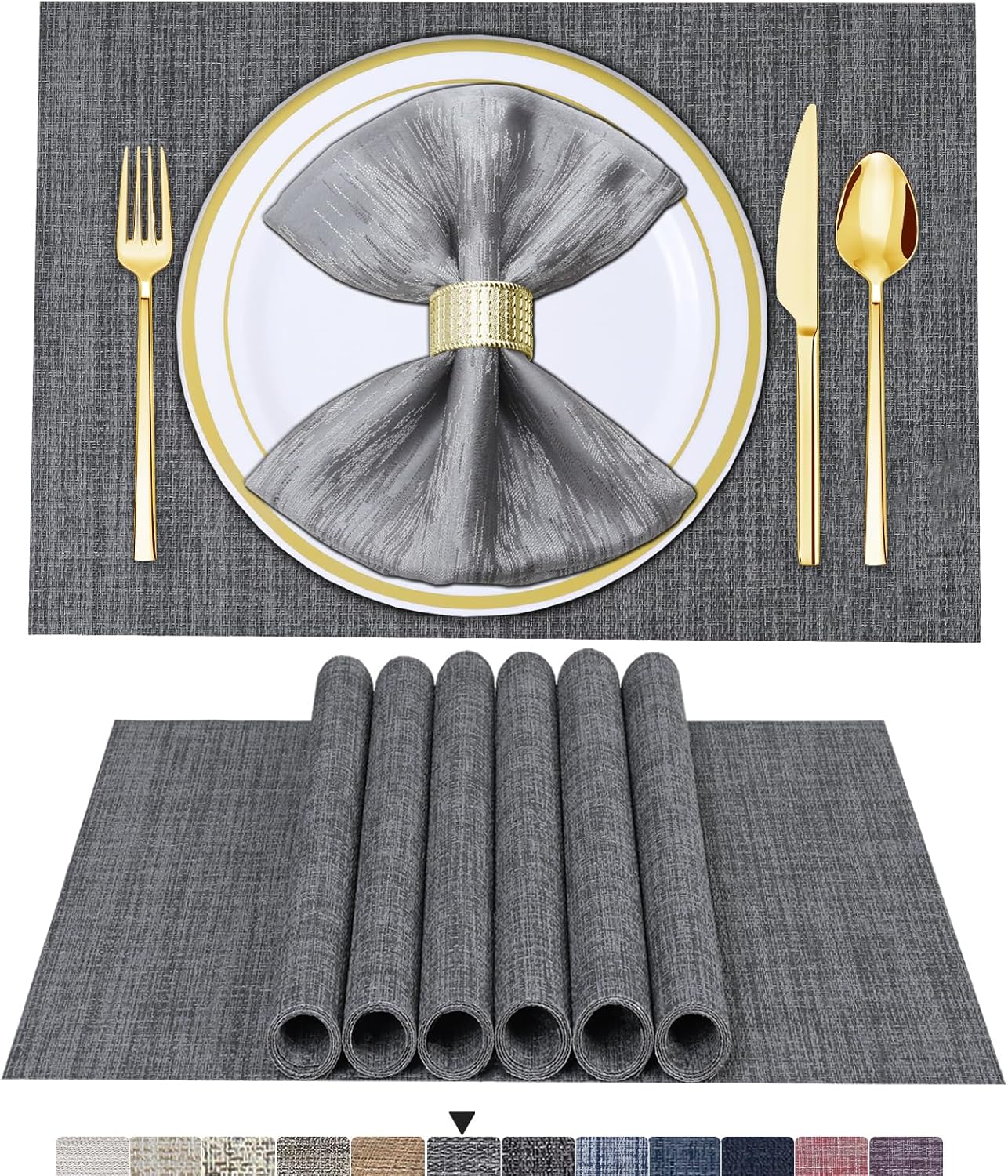 Lot de 6 sets de table en vinyle tissé pour table à manger, lavables et lavables, sets de table de cuisine durables pour intérieur et extérieur, 01 beige, 6 pièces 