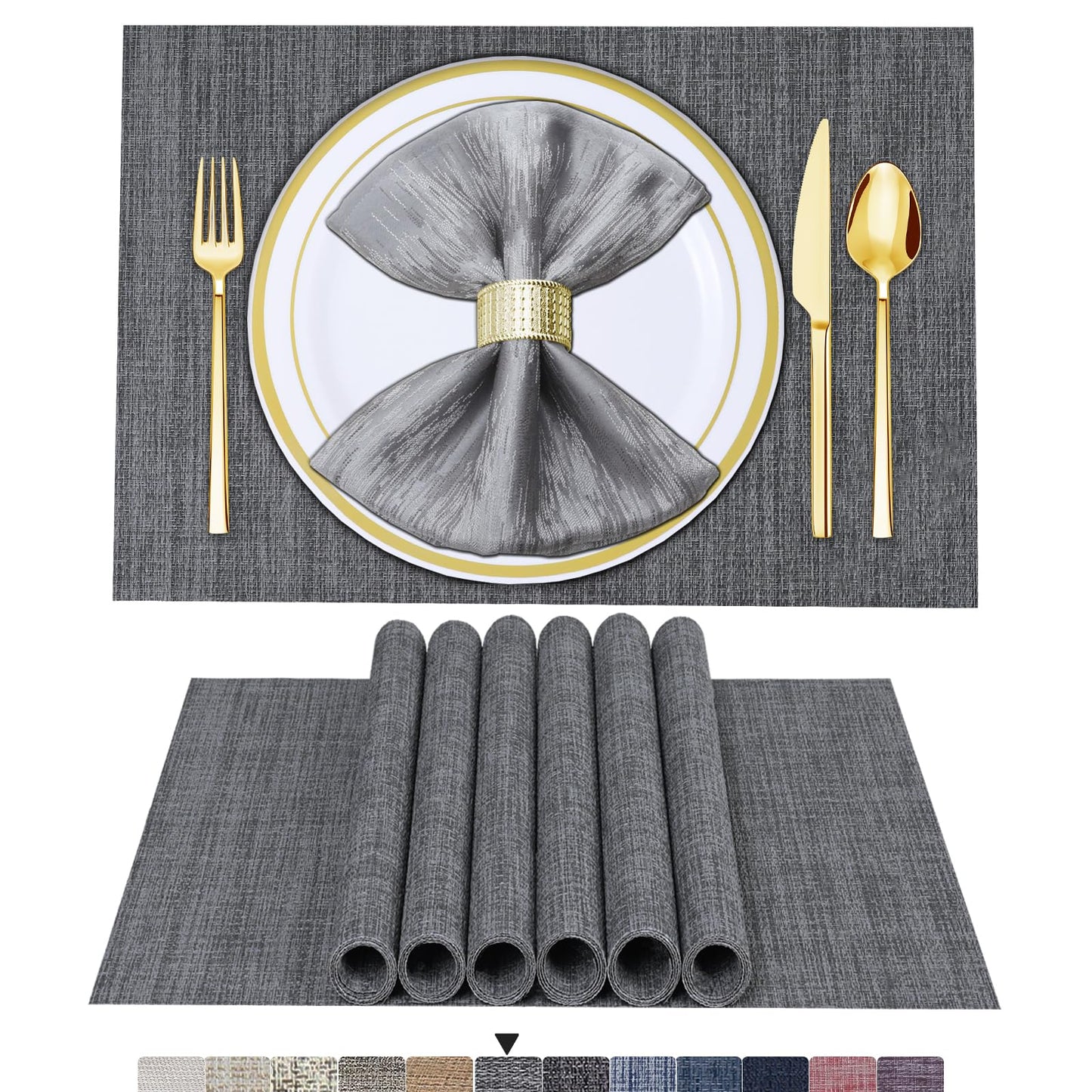 Set of 6 Placemats – Washable Woven Vinyl Table Mats for Dining, Kitchen, Indoor/Outdoor Use