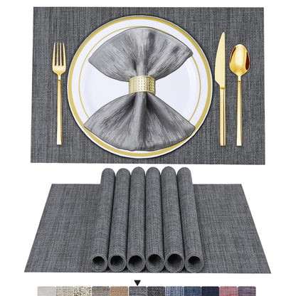 Set of 6 Placemats – Washable Woven Vinyl Table Mats for Dining, Kitchen, Indoor/Outdoor Use