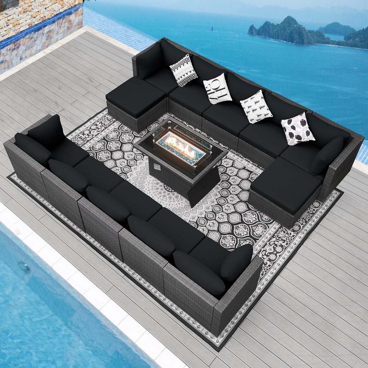 NICESOUL® 13 Piece Luxury Large Patio Furniture Sofa Set with Natural Gas/Propane Fire Pit Table, 29.3" High Back Outdoor Conversation Set, Outside PE Rattan Sectional Sofa, Dark Gray