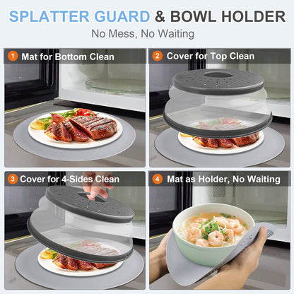 Microwave Food Cover & Silicone Mat – Splatter Guard, Collapsible Lid, Bowl Holder & Kitchen Colander (2-Pack, Charcoal)