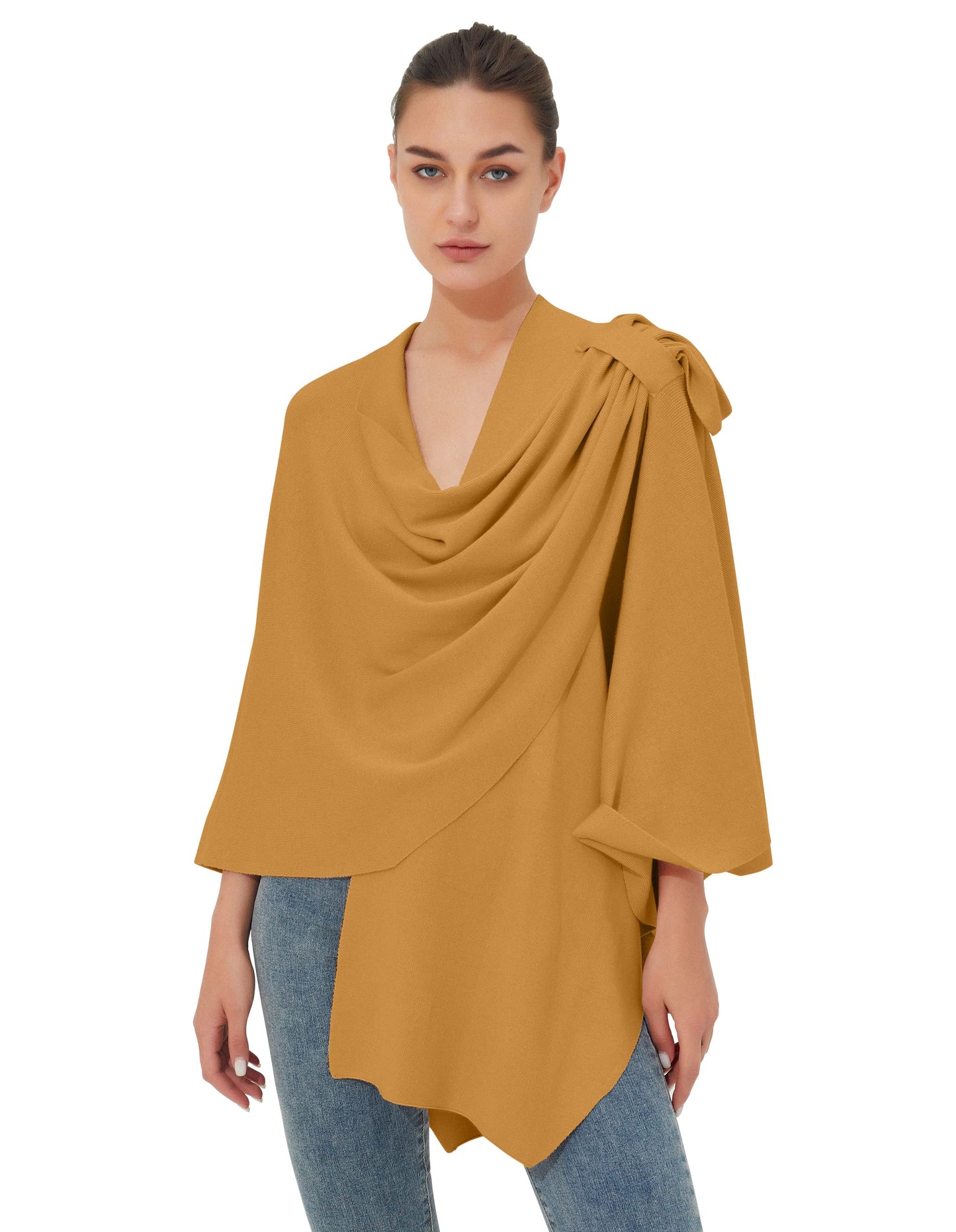 PULI Femmes Grand Poncho Croisé Sur Le Devant Pull Enveloppant Topper Tricoté Élégant Châles Cape pour l'Automne Hiver