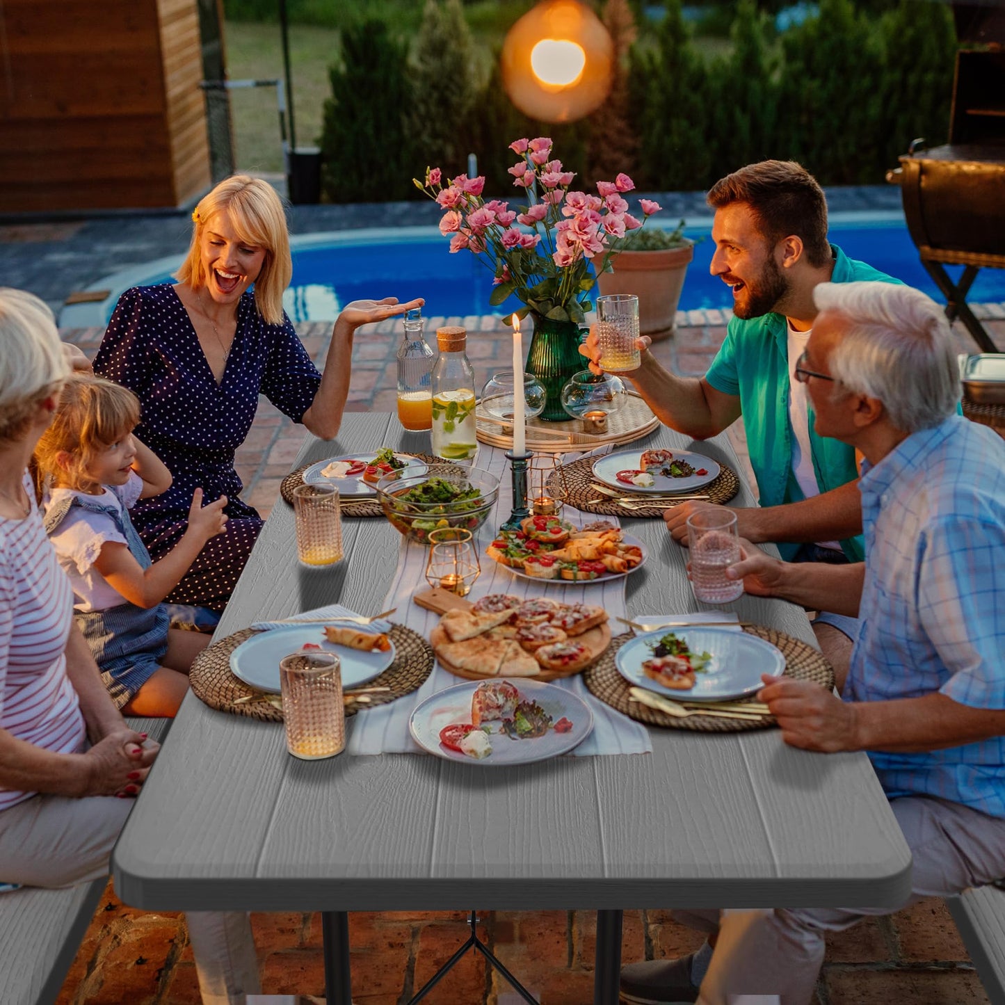 YITAHOME Picknicktisch für draußen, 1,80 m, mit holzähnlicher Tischplatte, stabilem Stahlrahmen und Schirmöffnung, robuster Picknicktisch, ideal für Garten, Terrasse, Rasenpartys, Hellbraun 