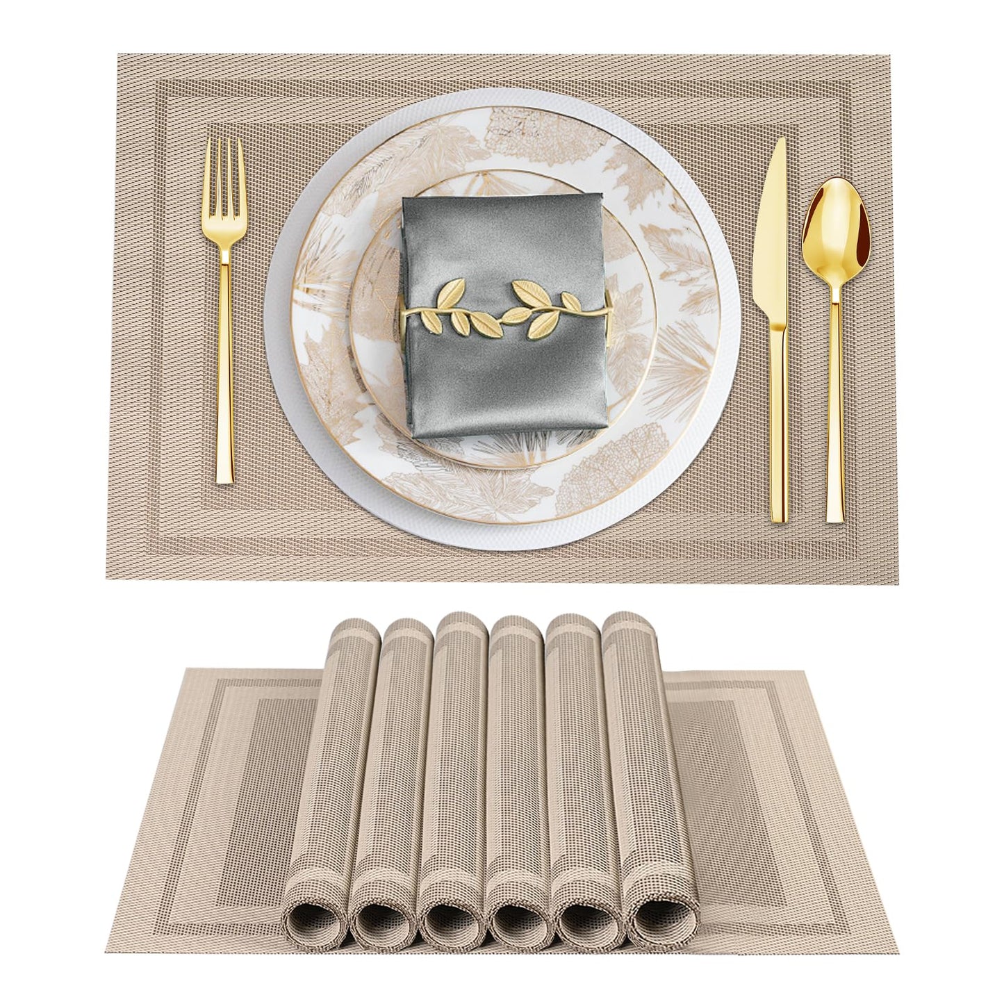 Lot de 6 sets de table en vinyle tissé pour table à manger, lavables et lavables, sets de table de cuisine durables pour intérieur et extérieur, 01 beige, 6 pièces 