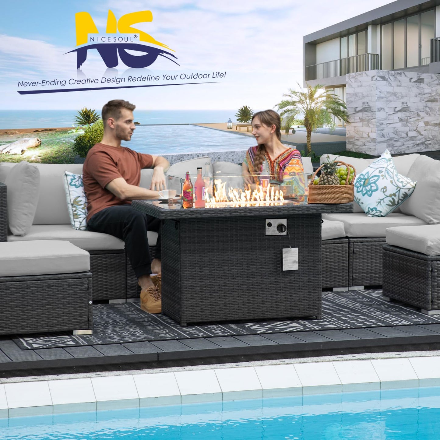 NICESOUL® 13-teiliges großes Luxus-Sofaset für die Terrasse mit Feuerstelle für Erdgas/Propan, 74 cm hohe Rückenlehne, Garten-Sitzgruppe, Gartensofa aus PE-Rattan, dunkelgrau 