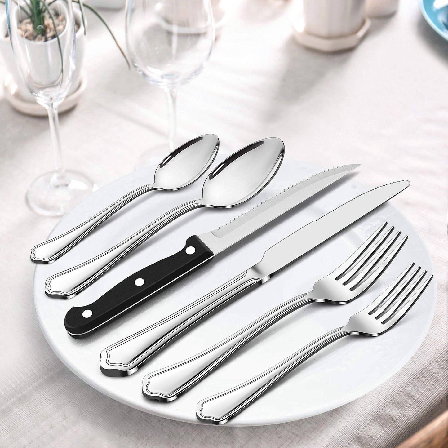 LIANYU 41-Piece Silverware Flatware Set for 6, Plus Steak Knives and Serving Utensils, Stainless Steel Flatware Cutlery Set, Eating Utensils Tableware with Scalloped Edge, Dishwasher Safe