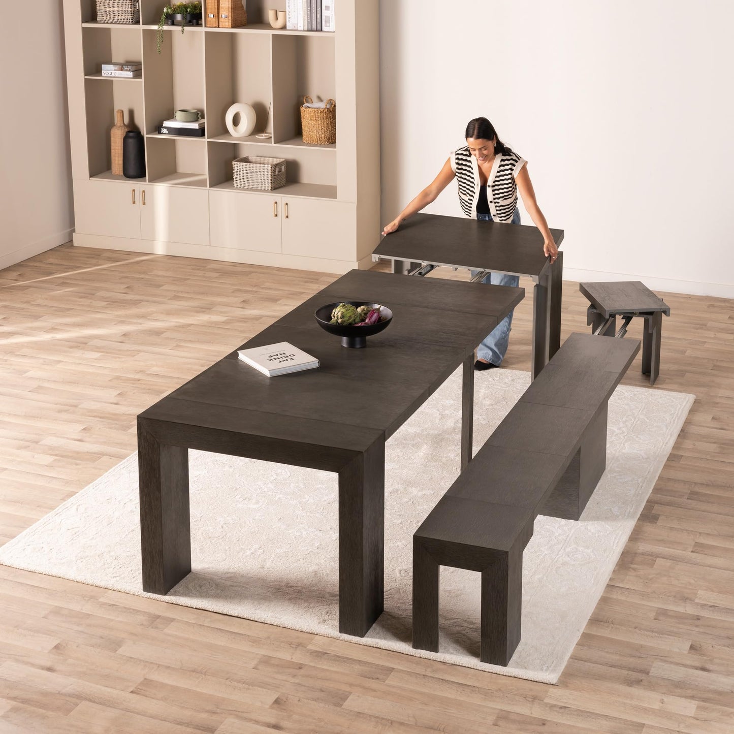 Transformer Table Dining Table Set for 4 to 12, Extendable Wood Dining Table with Expandable Bench, Small Space Furniture, Kitchen Table Set (Dark Grey, Table + Bench)