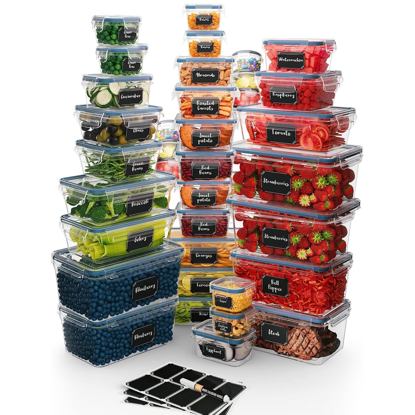 Chef's Path 32 Piece Plastic Food Storage Containers with Lids (16 Lids + 16 Containers), Airtight Plastic Containers for Pantry & Kitchen Organization - Kitchen Storage Containers - Food Containers