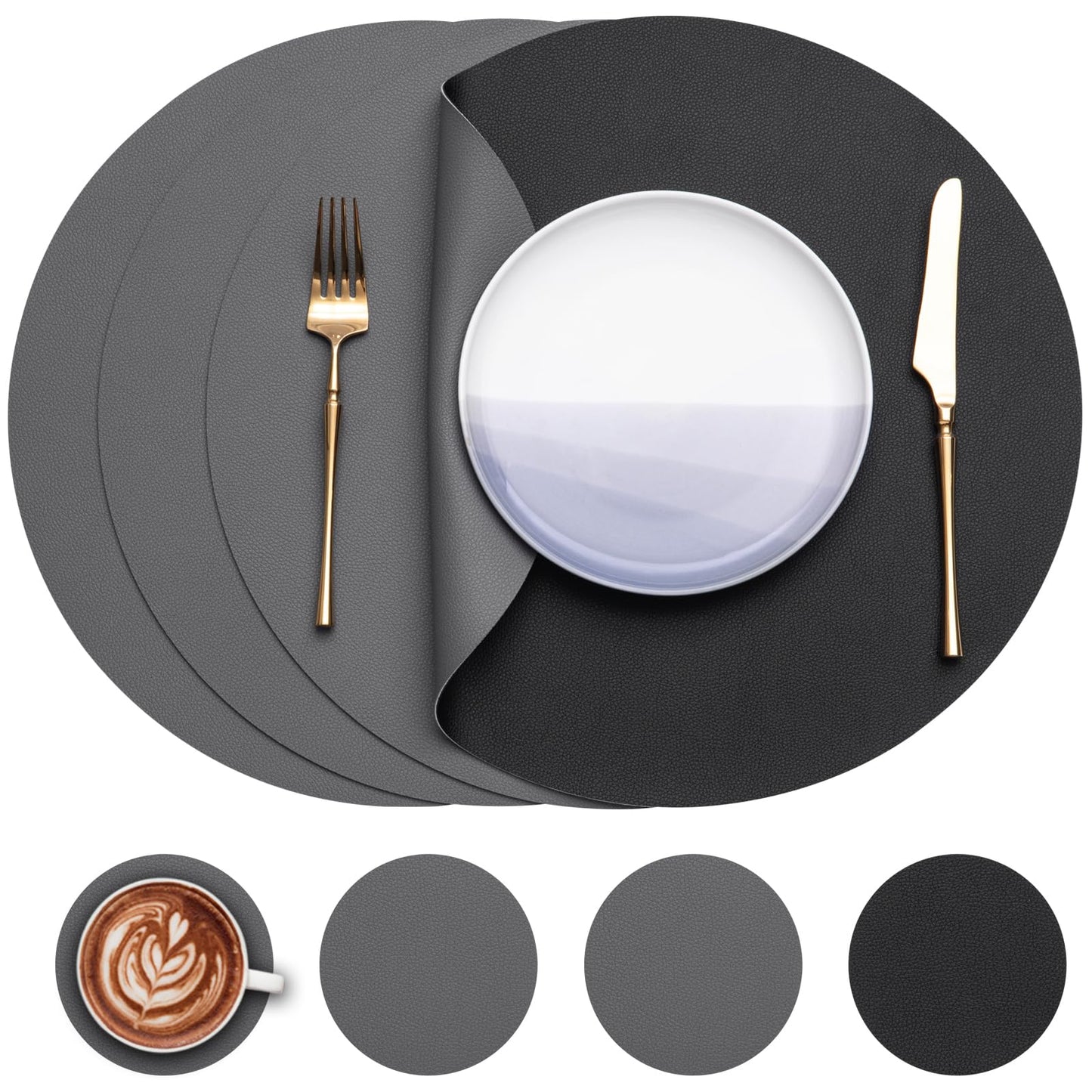 Myir JUN Round Table Placemats Set of 4 Faux Leather Place Mats and Coasters 15 inch Round Placemats Dual Sided Placemats Non-Slip Placemats Stain Resistant Placemats (Gray & Yellow, Set of 4)