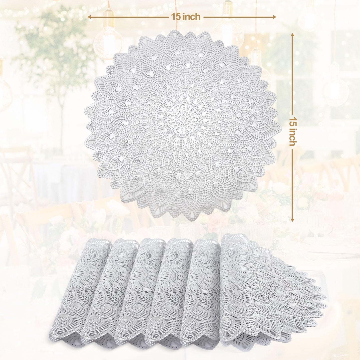 Silver Round Placemats, Hollow Out Washable and Wipeable Place Mats, Pressed Vinyl Table Mats Set of 6 for Anniversary Dinner Kitchen Decorations