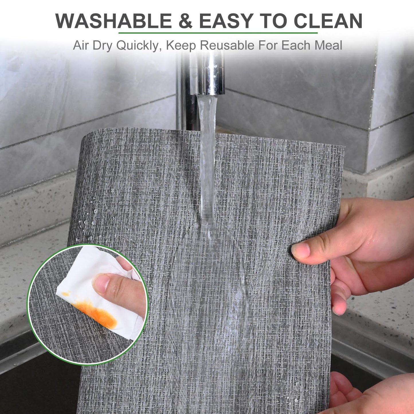 Set of 6 Placemats – Washable Woven Vinyl Table Mats for Dining, Kitchen, Indoor/Outdoor Use