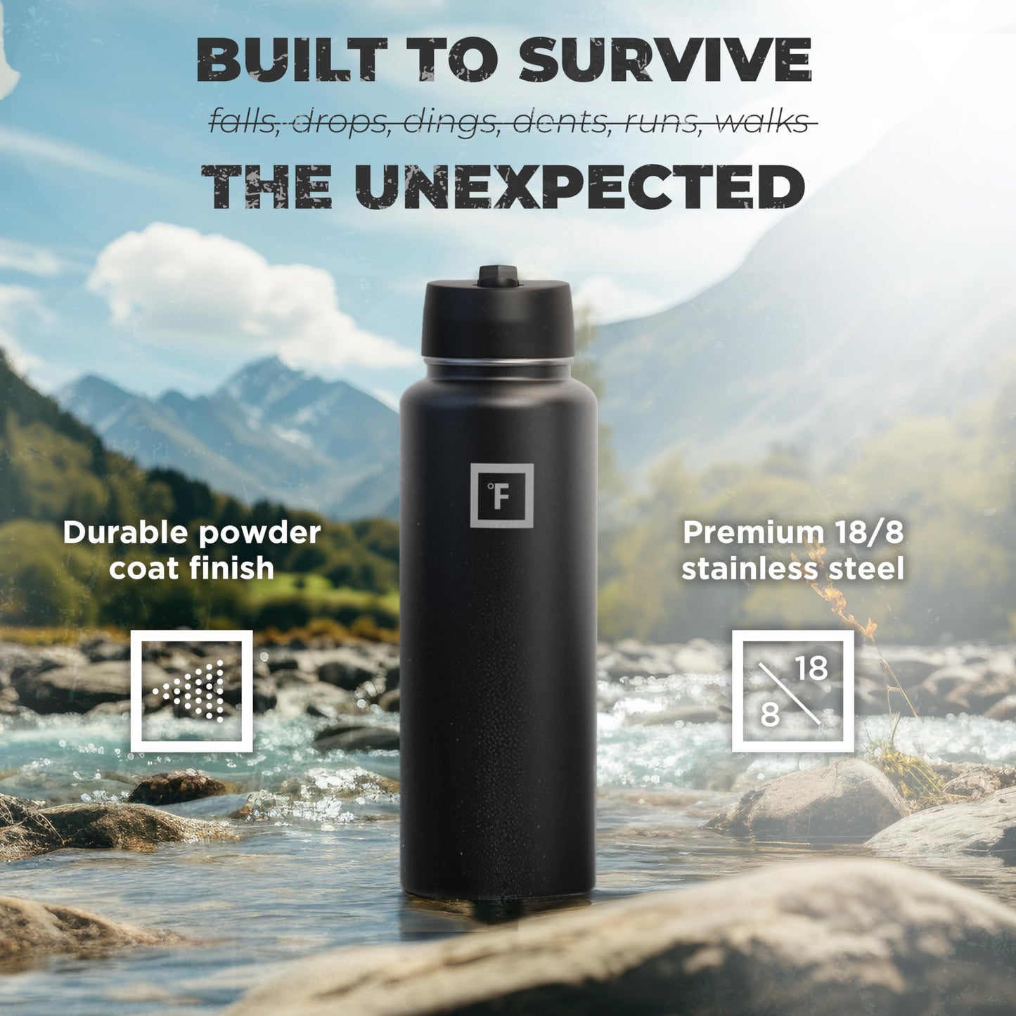 IRON °FLASK Camping & Hiking Hydration Flask with 3 Lids - Stainless Steel, Double Walled & Vacuum Insulated Water Bottle - Leak Proof & BPA Free (Dark Night, Straw - 32 oz)