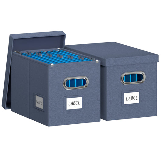 Boîte à dossiers suspendue avec couvercle, lot de 2 boîtes de rangement pour organisateur de classement, armoire de classement décorative pliable en lin pour bureau/maison (14 x 9,3 x 10,9 pouces) (bleu marine) 