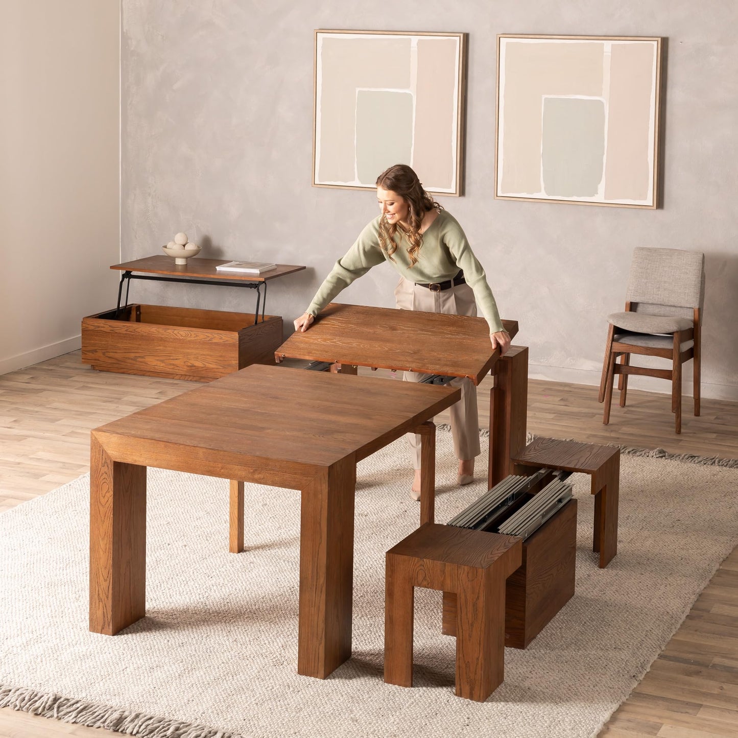 Transformer Table Esstisch-Set für 4 bis 12, ausziehbarer Esstisch aus Holz mit ausziehbarer Bank, Möbel für kleine Räume, Küchentisch-Set (Dunkelgrau, Tisch + Bank) 