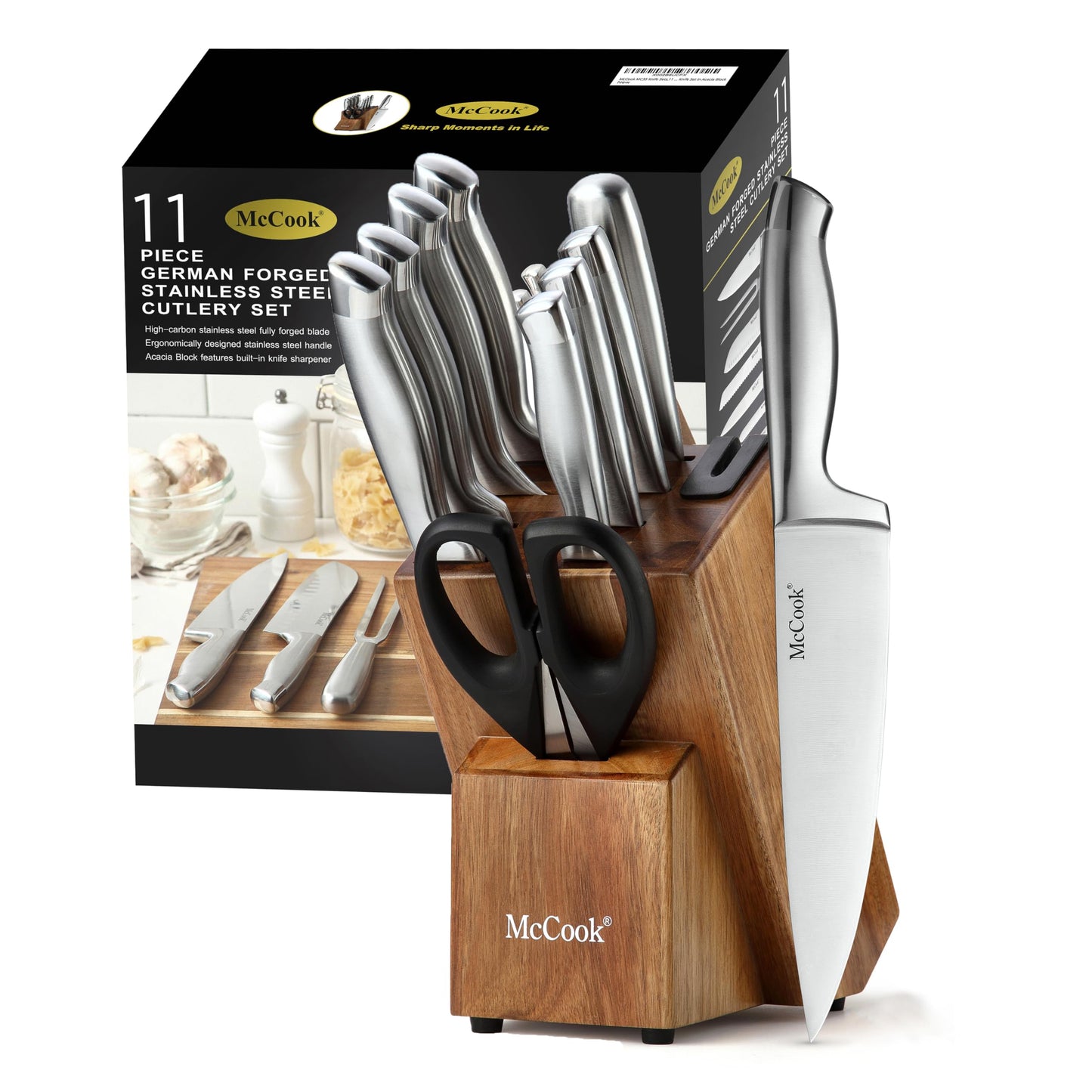 McCook® Knife Sets, Golden Titanium Stainless Steel Kitchen Knife Block Sets with Built-in Sharpener