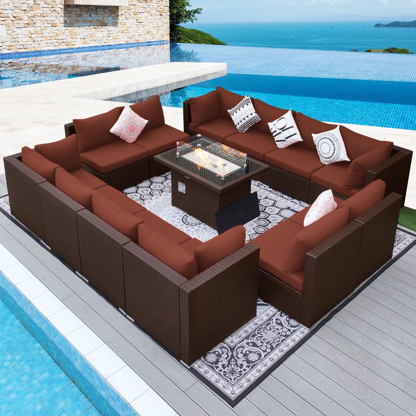 NICESOUL® 13-teiliges großes Luxus-Sofaset für die Terrasse mit Feuerstelle für Erdgas/Propan, 74 cm hohe Rückenlehne, Garten-Sitzgruppe, Gartensofa aus PE-Rattan, dunkelgrau 