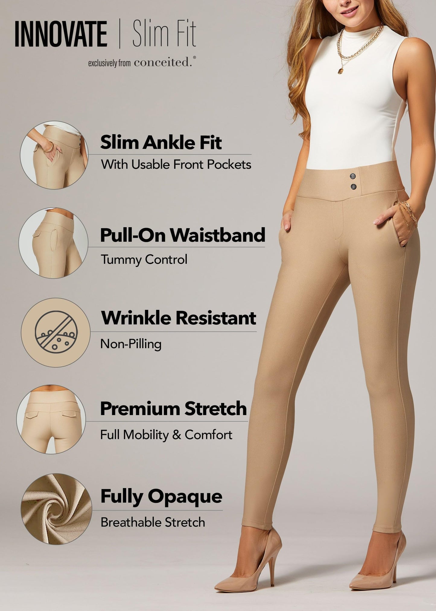 Conceited Dress Pants Women - Stretchy - Tummy Control - All Day Comfort Wear to Work - Womens Pants in Regular and Plus Size