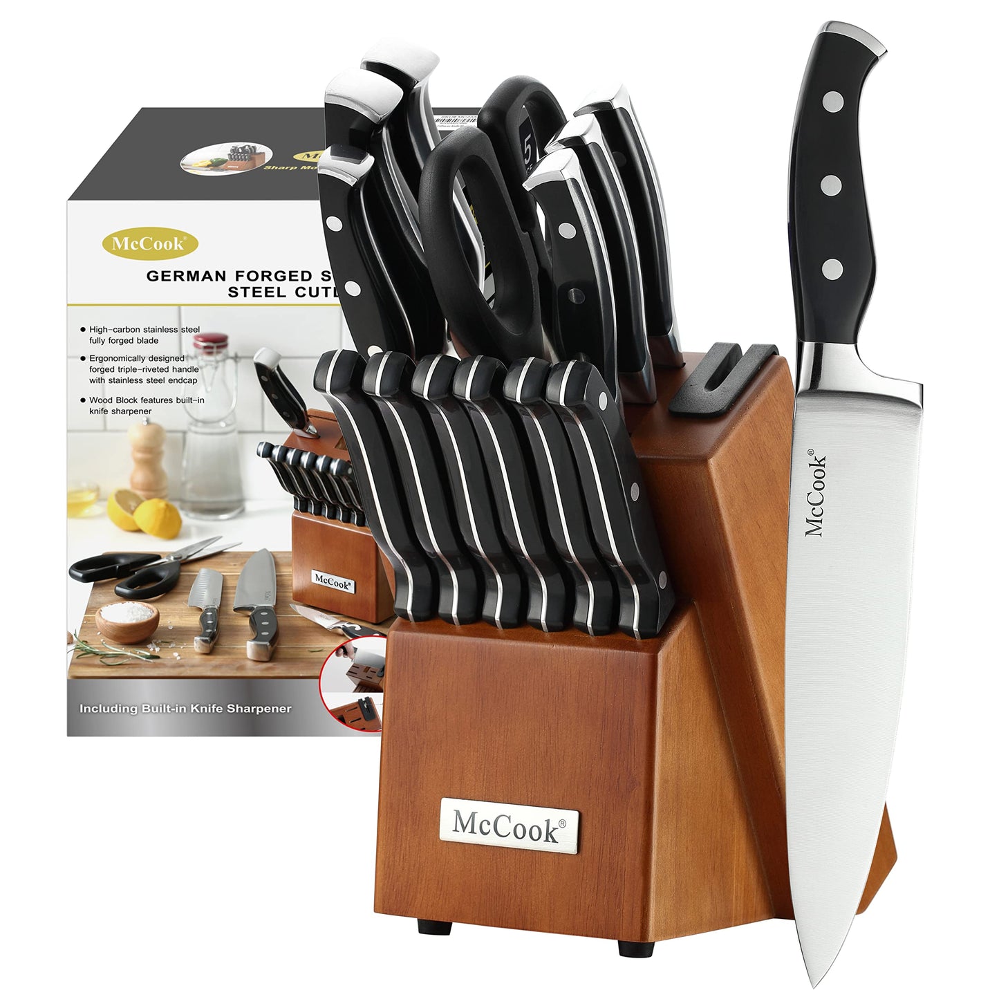 Ensemble de couteaux McCook®, ensemble de couteaux de cuisine en acier inoxydable allemand avec aiguiseur intégré 