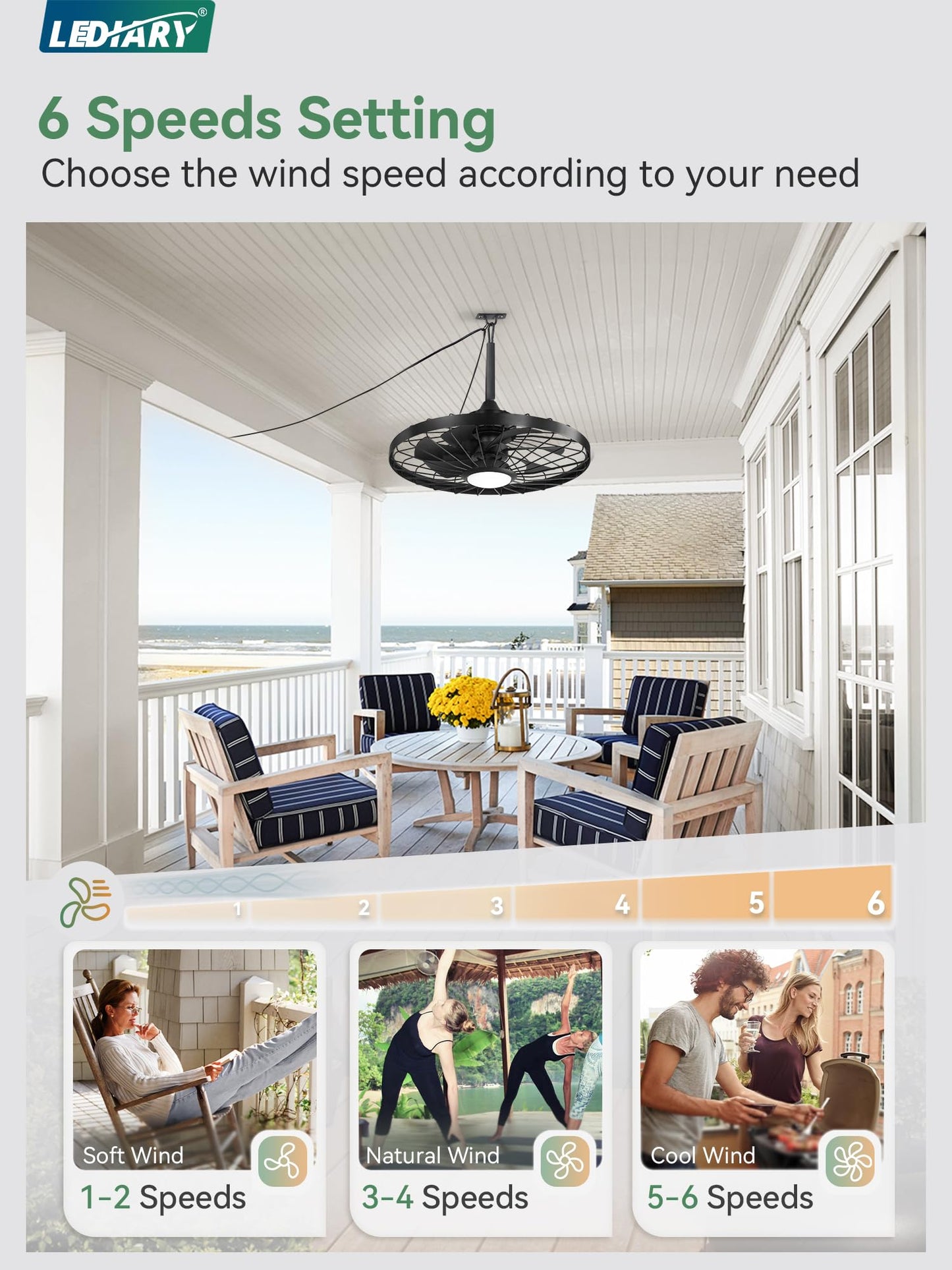 Outdoor Hanging Ceiling Fan with Light – 3CCT, 6-Speed, IP65