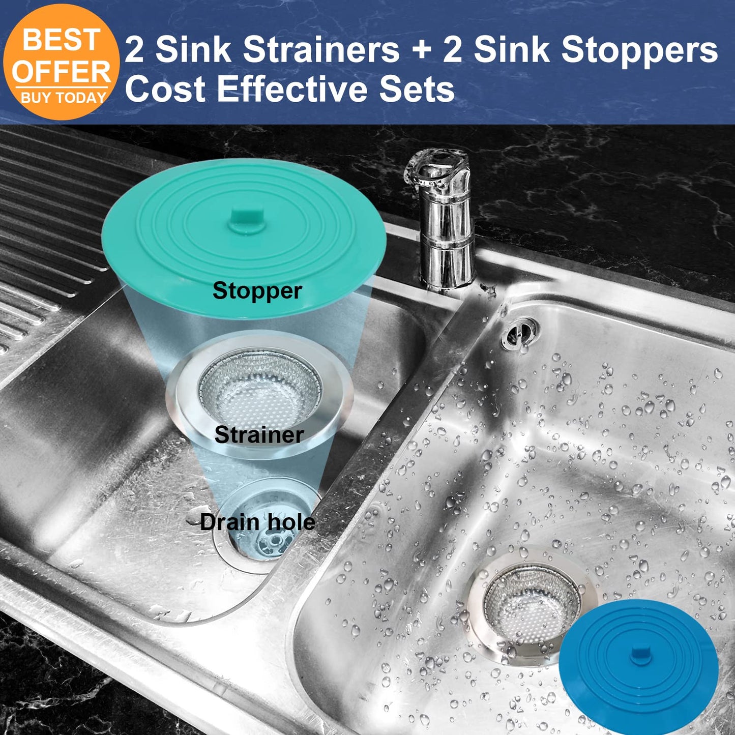 V-TOP Sink Strainer Stopper 4 Pack, Universal Silicone Kitchen Sink Drain Strainer Cover Plug Stopper Kit, 4.5 Inch Stainless Steel Sink Filter Strainer, Food Catcher for Kitchen Sink