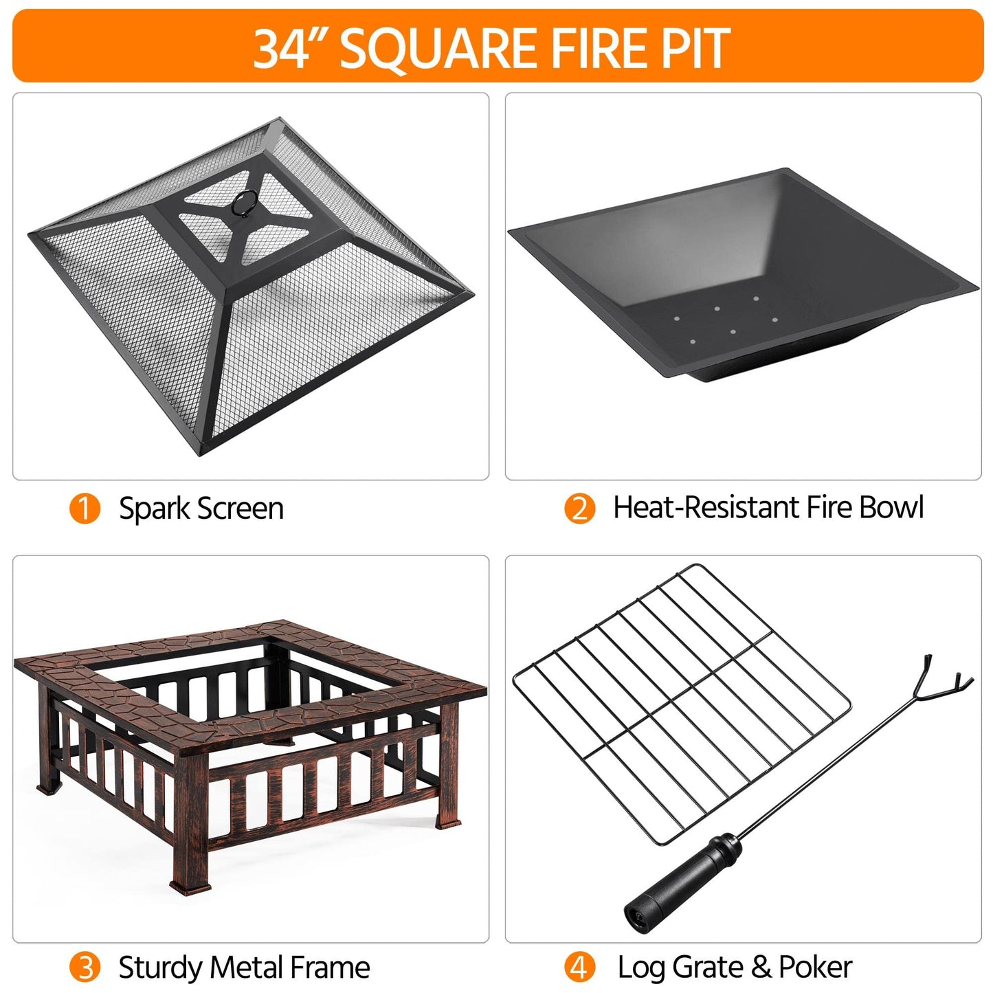 Yaheetech 32 Zoll große Feuerstelle für den Außenbereich, quadratischer Tisch, Gartenofen für Hinterhof, Terrasse, Holzfeuerstelle mit Funkenschutz, Schürhaken und Abdeckung 