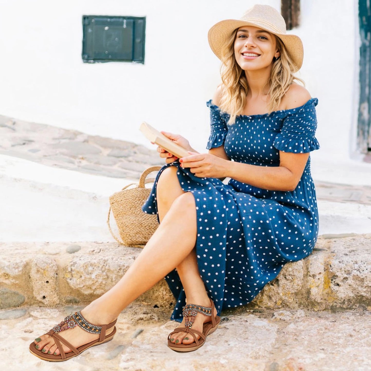 Sandales d'été pour femmes : chaussures plates confortables, style bohème, bride élastique à la cheville, sandales de plage et de marche pour femmes