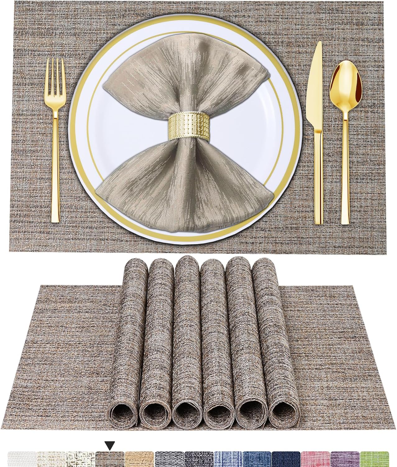 Lot de 6 sets de table en vinyle tissé pour table à manger, lavables et lavables, sets de table de cuisine durables pour intérieur et extérieur, 01 beige, 6 pièces 