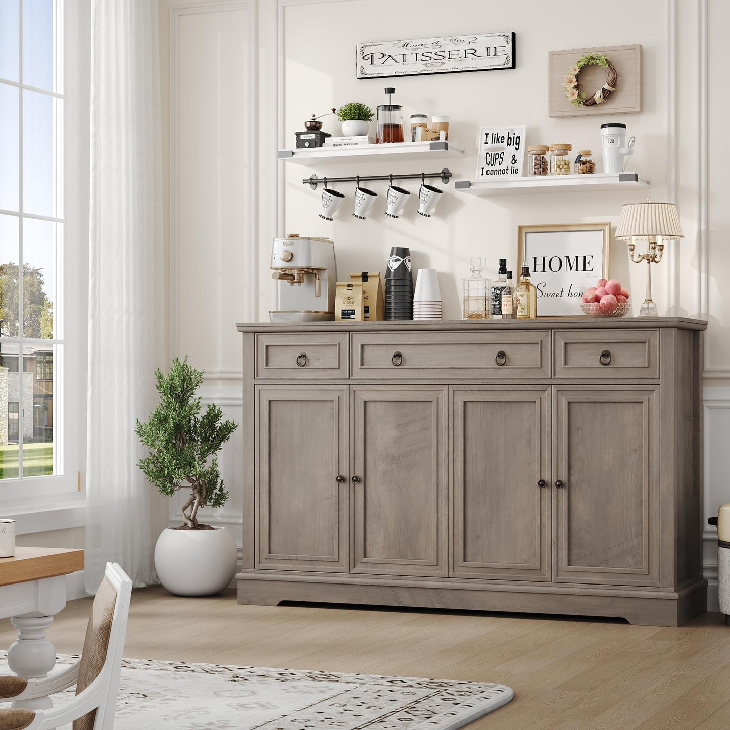 Buffet FINETONES avec rangement, grand buffet de 55,1 po, armoire de cuisine blanche avec 3 tiroirs et 4 portes, armoire de bar à café en bois pour cuisine et salle à manger, blanc 