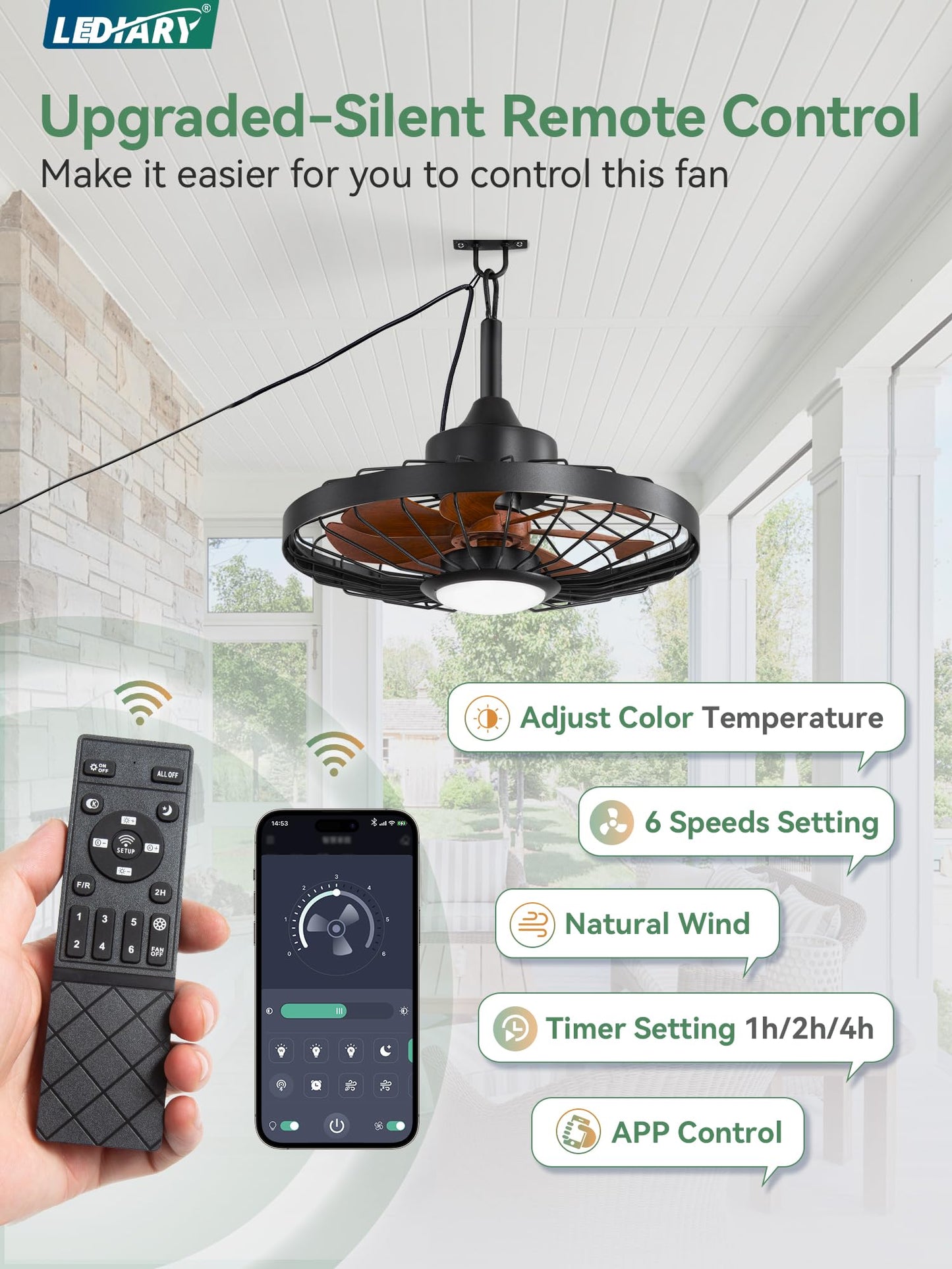 Outdoor Hanging Ceiling Fan with Light – 3CCT, 6-Speed, IP65