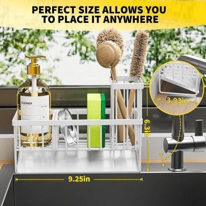 Kitchen Sink Caddy Organzier with High Brush Holder, Sponge Holder for Sink, 304 Rustproof Stainless, Kitchen Countertop Soap Dispenser Organizer, Kitchen Decor and Accessories