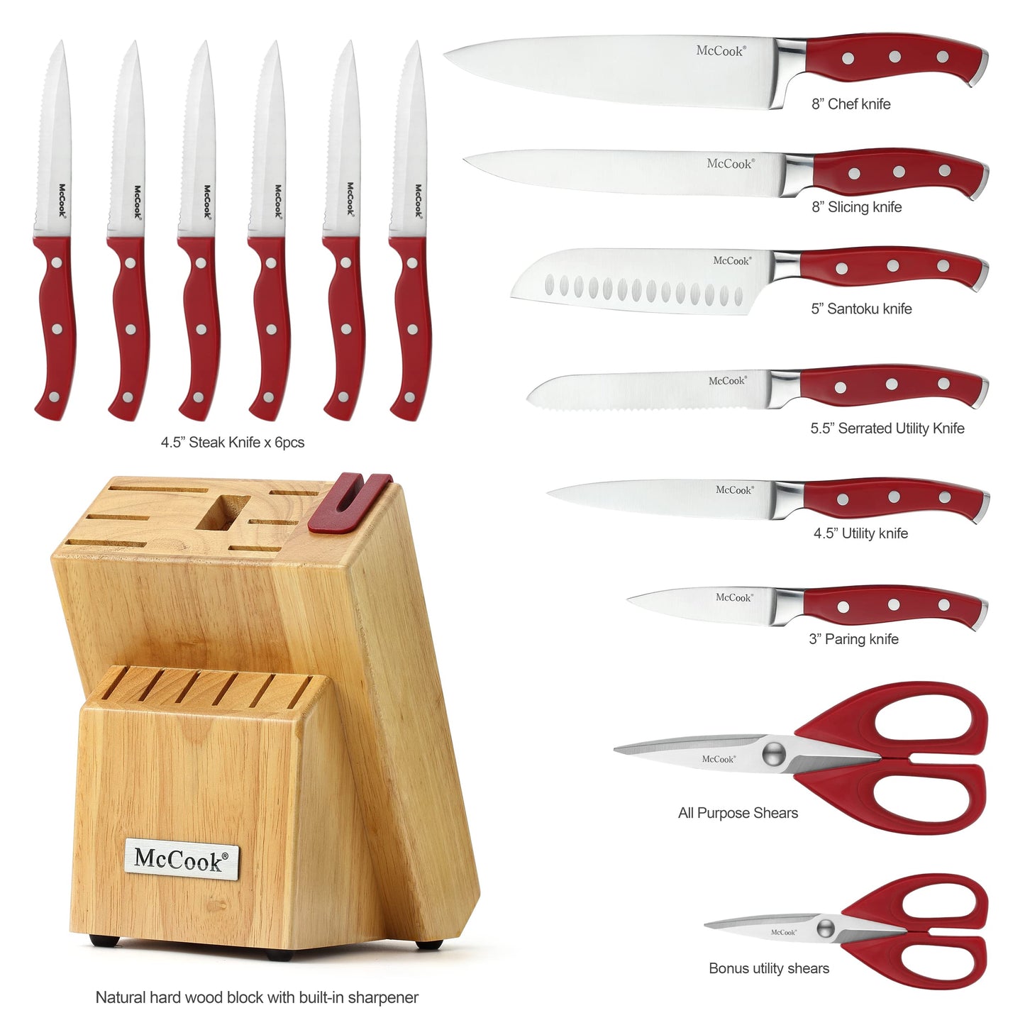 McCook® Knife Sets,German Stainless Steel Kitchen Knife Block Set with Built-in Sharpener