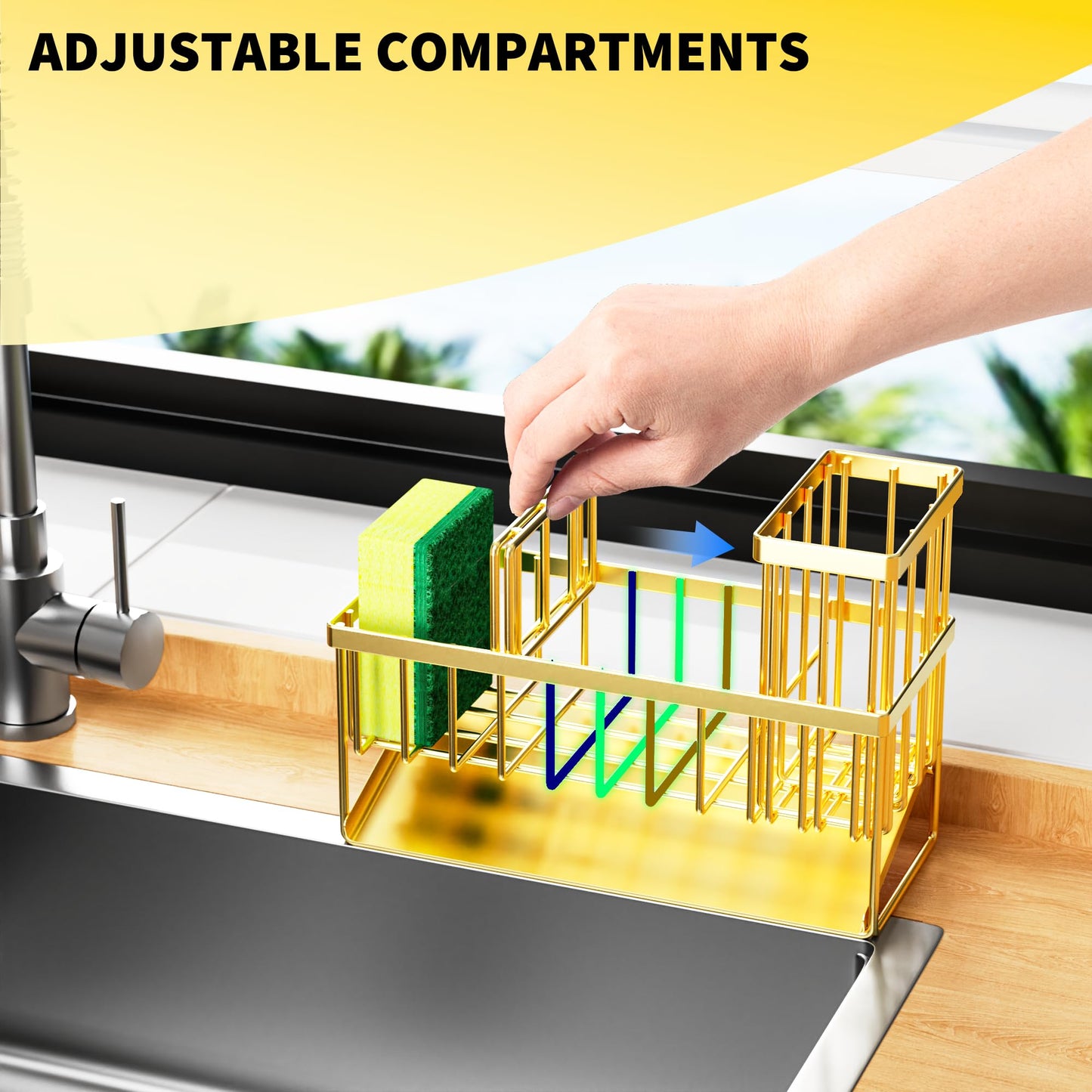 Kitchen Sink Caddy Organzier with High Brush Holder, Sponge Holder for Sink, 304 Rustproof Stainless, Kitchen Countertop Soap Dispenser Organizer, Kitchen Decor and Accessories