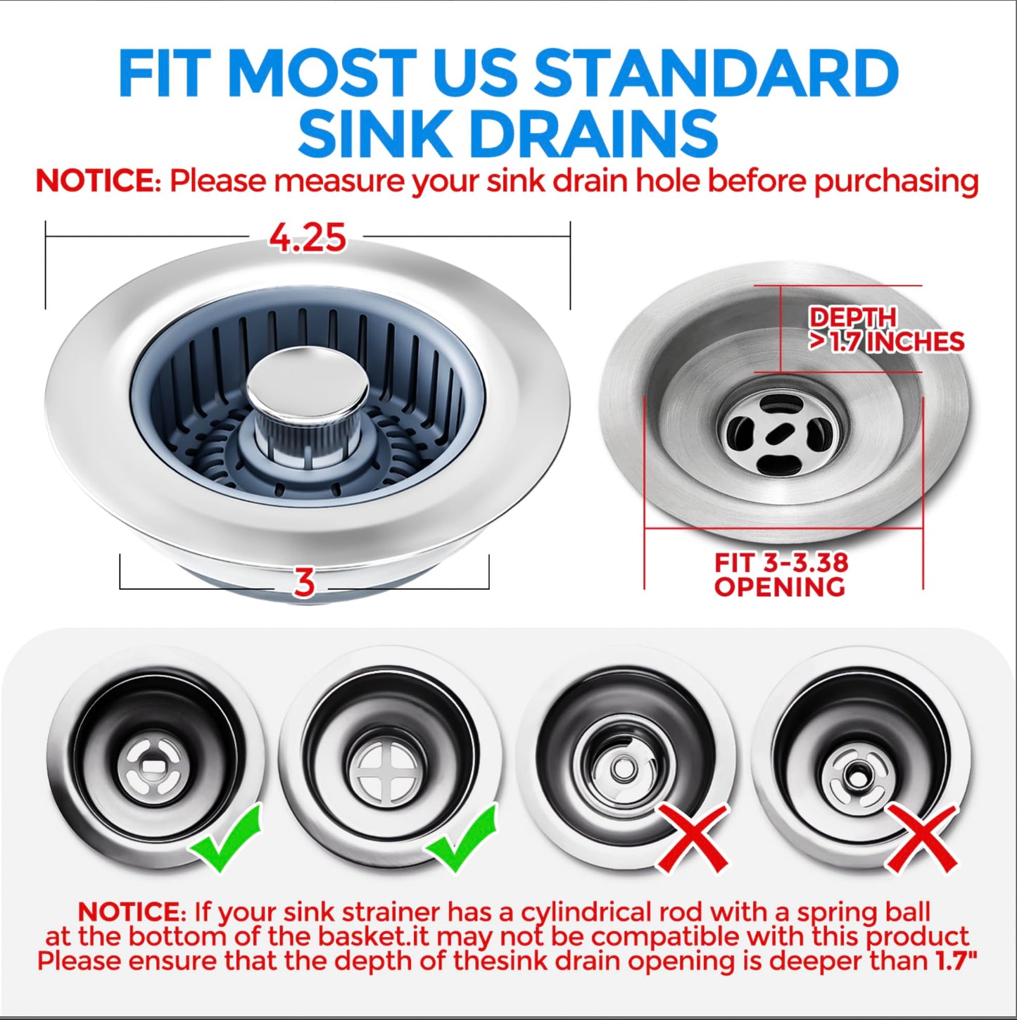 Upgraded 3in1 Kitchen Sink Drain Strainer & Sink Stopper, Stainless Steel Kitchen Drain Plug & Cover with Anti-Clogging Basket Strainer, Fit US Standard 3-1/2'' Sink Drain Hole, Silver